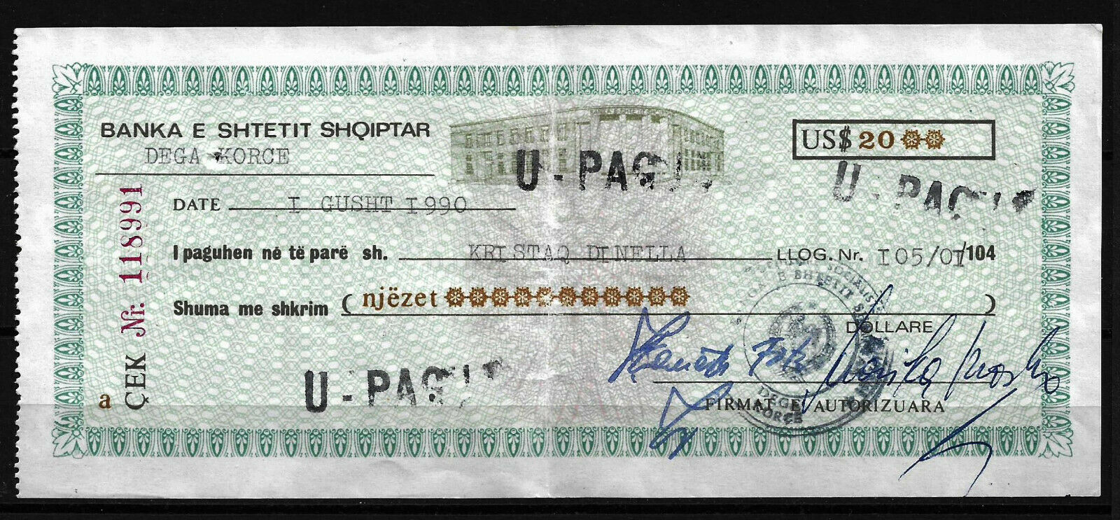 Check Used 1990 $20, Bank Of Albania - Very Rare