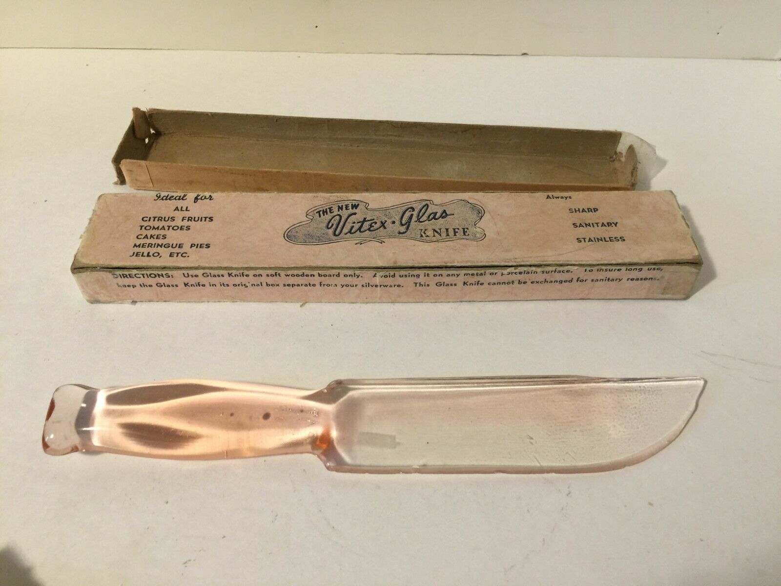 Vintage Vitex-glas Pink Depression Glass Fruit And Cake Kitchen Knife With Box