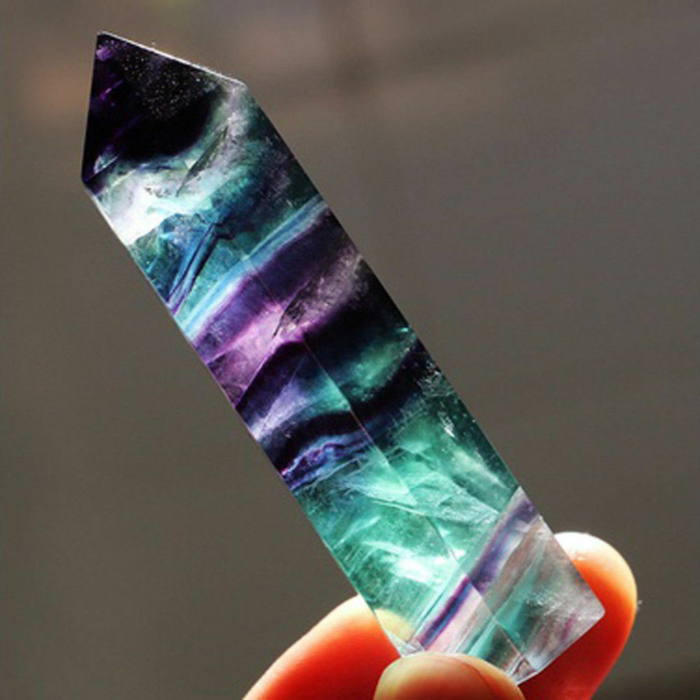 Natural Hexagonal Crystal Quartz Healing Fluorite Wand Stone Purple Green Gems